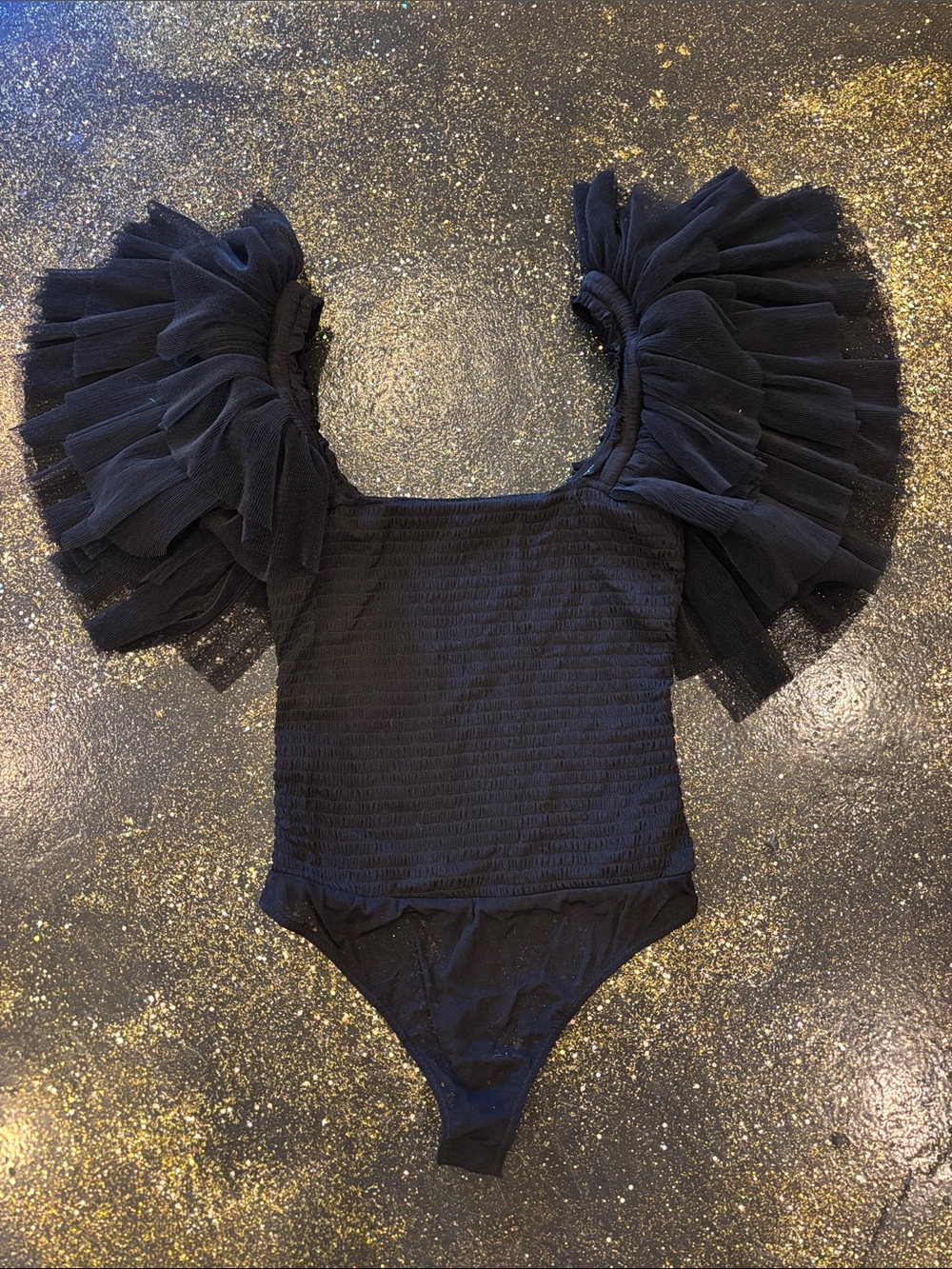 Black Tulle Ruffle Sleeve Bodysuit